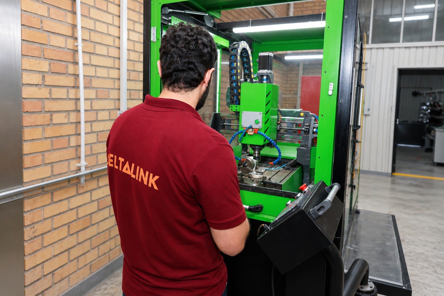 Deltalink technician operating a four-axis CNC machining centre.