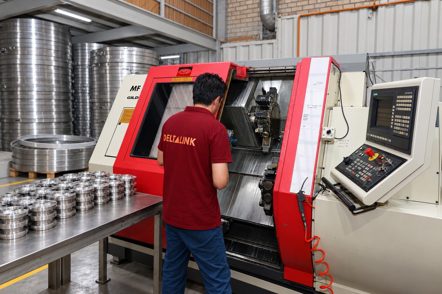 Deltalink CNC turning centre with machined metal components.