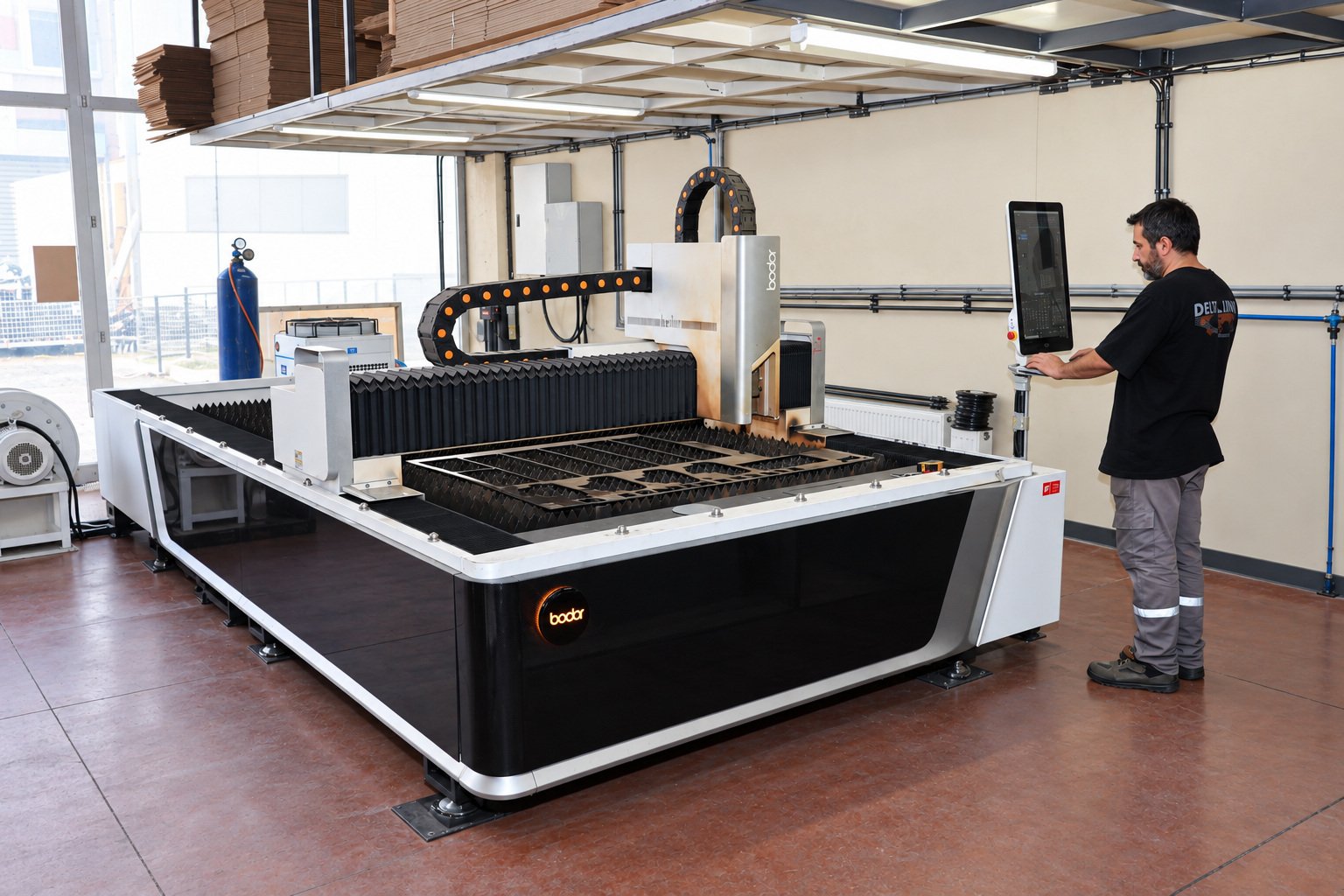Deltalink technician operating an in-house CNC laser cutting system in the sheet metal department.