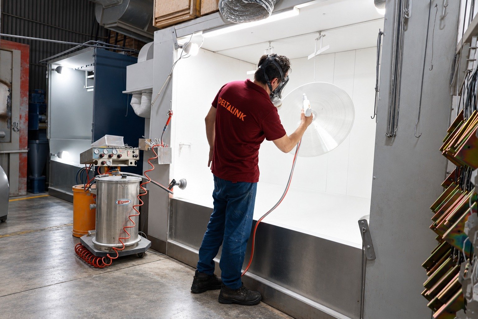 Deltalink technician applying powder coating to an antenna reflector.