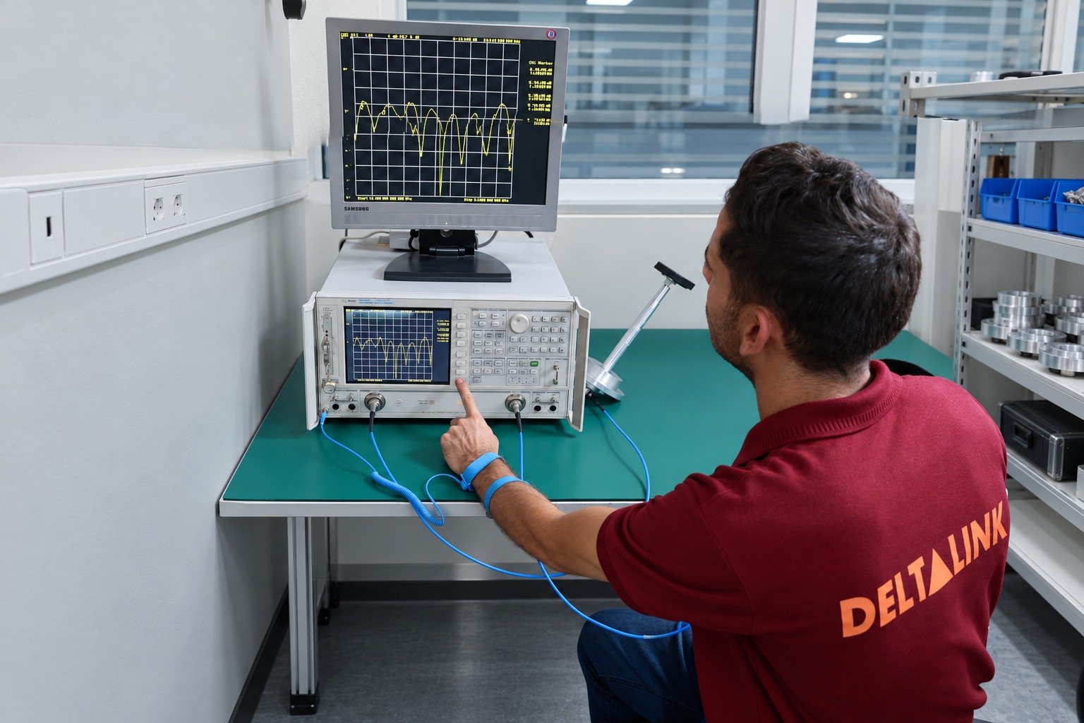 Deltalink technician measuring RF components with a network analyzer.