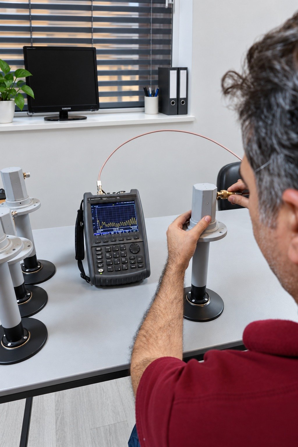 Deltalink technician checking an RF feed with measurement equipment.