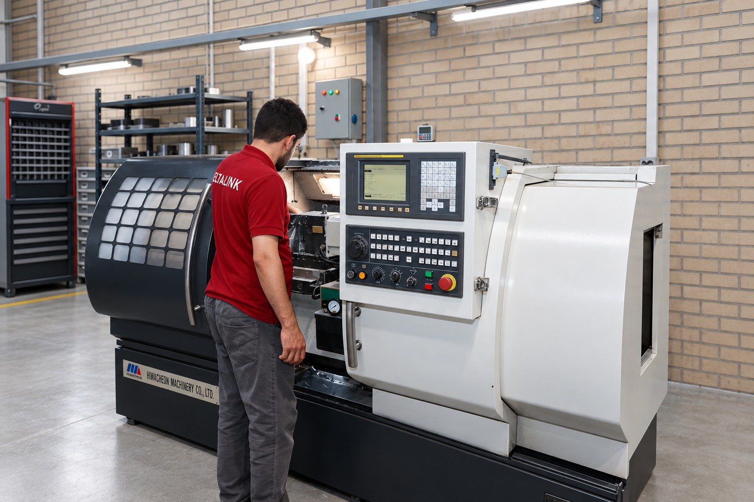 Technician at a CNC lathe in the Deltalink production workshop.